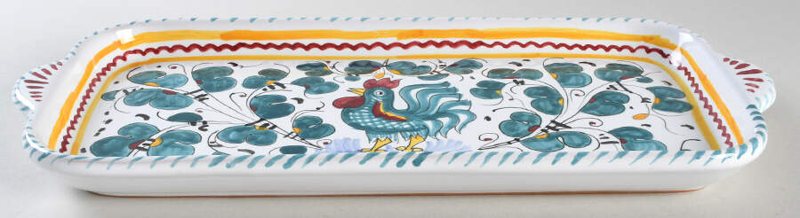 Green Rooster (Orvieto) 14" Rectangular Tray by Deruta (Italy)-1