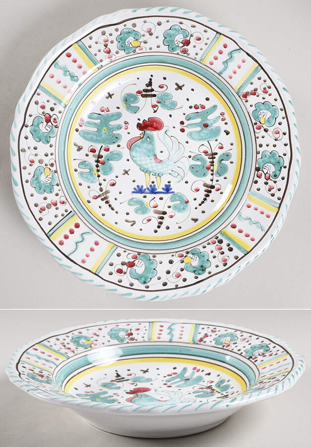 Green Rooster (Orvieto) Large Rim Soup Bowl by Deruta (Italy)-1