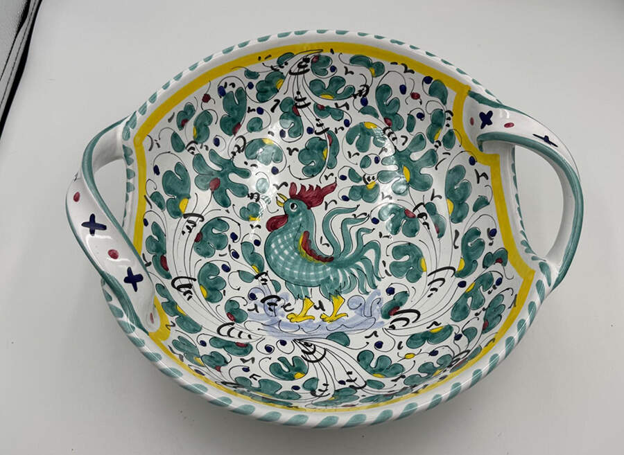 Green Rooster (Orvieto) 13" Round Handled Bowl by Deruta (Italy)-1