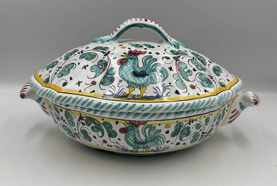 Green Rooster (Orvieto) Oval Covered Vegetable by Deruta (Italy)-1