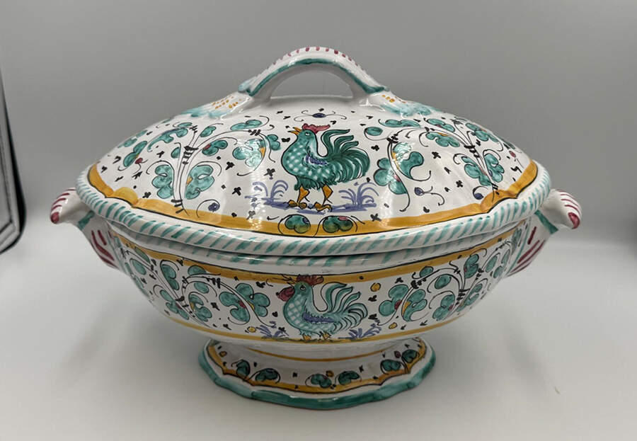 Green Rooster (Orvieto) Oval Covered Vegetable by Deruta (Italy)-1