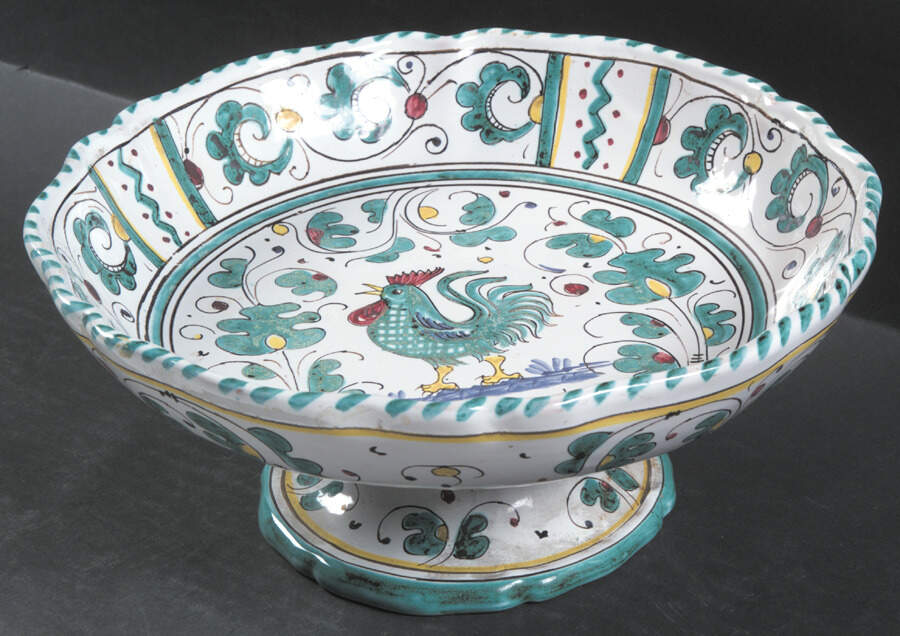 Green Rooster (Orvieto) Round Compote (Height X Width) by Deruta (Italy)-1