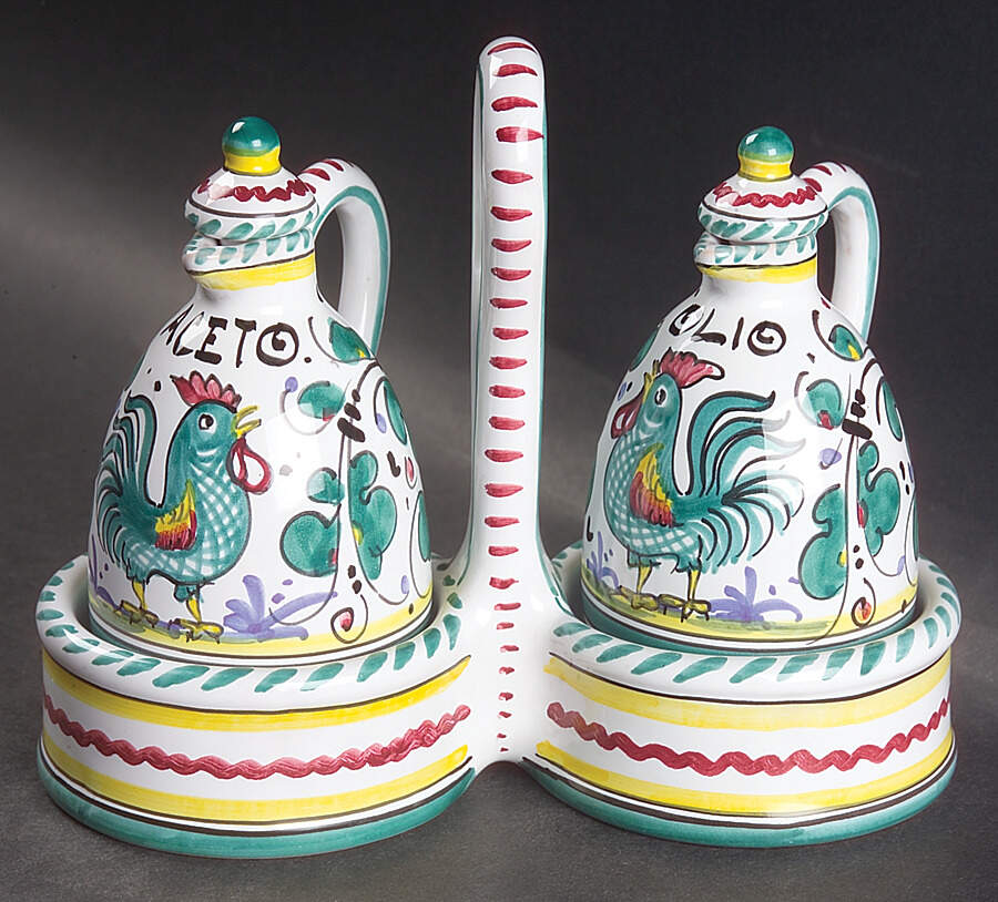 Green Rooster (Orvieto) Vinegar and Oil Tray Set by Deruta (Italy)-1