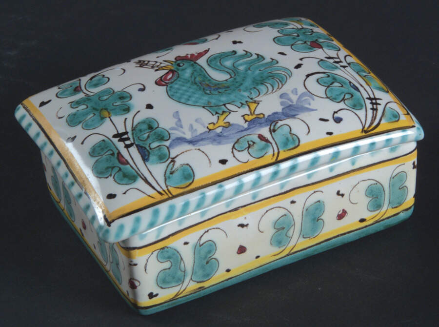 Green Rooster (Orvieto) Rectangular Box with Lid by Deruta (Italy)-1