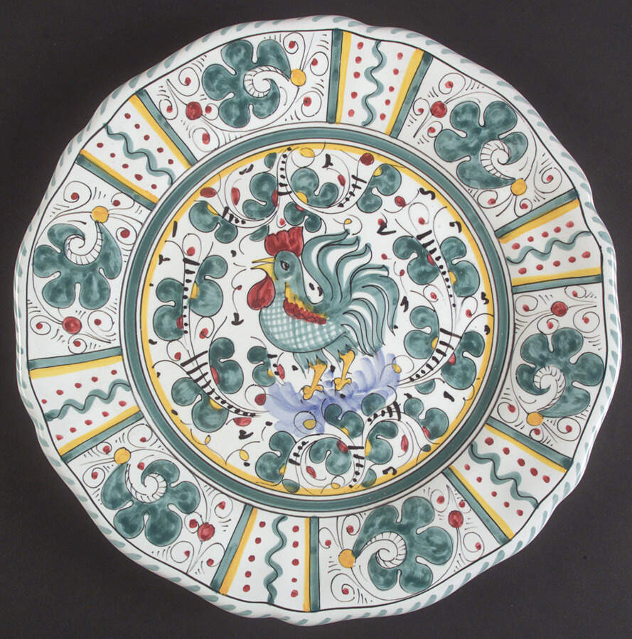 Green Rooster (Orvieto) Scalloped Dinner Plate by Deruta (Italy)-1