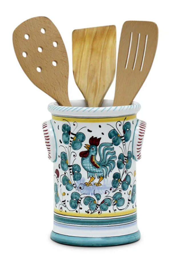 Green Rooster (Orvieto) Utensil Holder by Deruta (Italy)-1