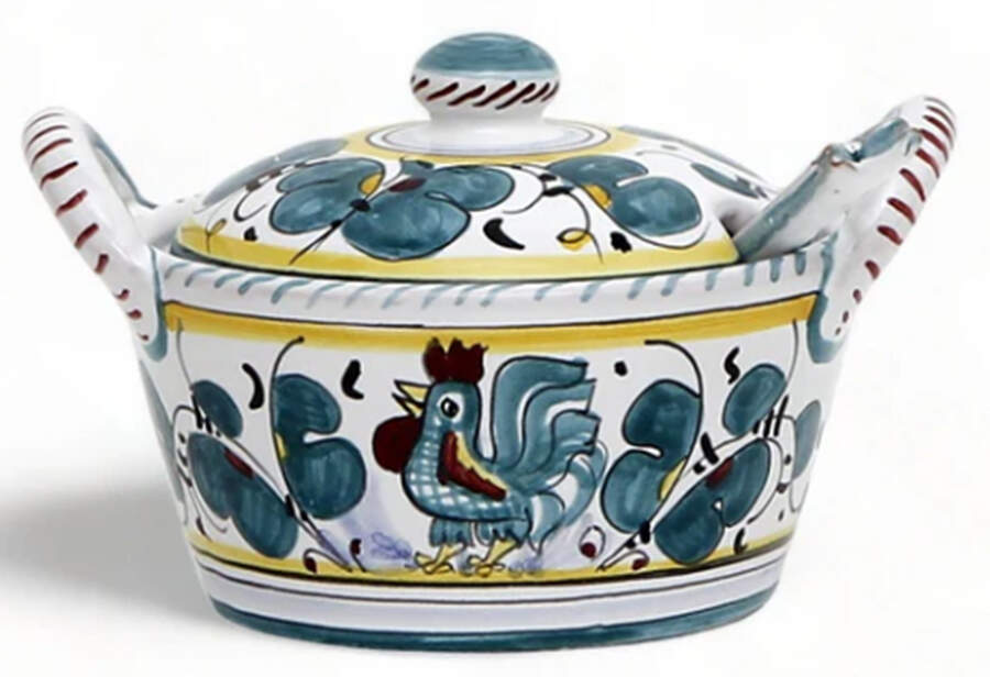 Green Rooster (Orvieto) Parmesan Pot & Lid w/Spoon by Deruta (Italy)-1