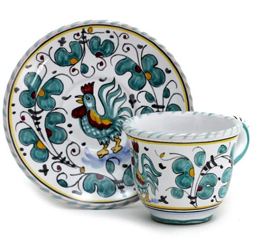 Green Rooster (Orvieto) Espresso Cup and Saucer Set by Deruta (Italy)-1