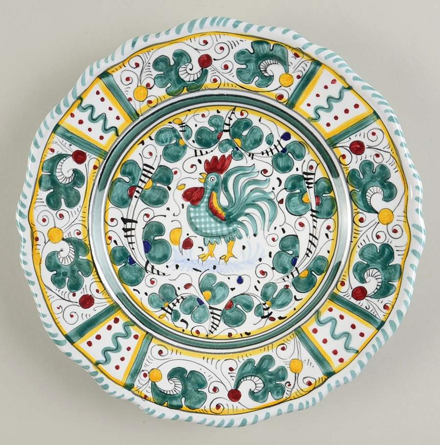 Green Rooster (Orvieto) Scalloped Salad Plate by Deruta (Italy)-1