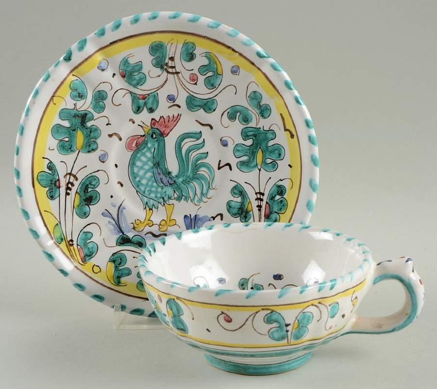Green Rooster (Orvieto) Footed Cup & Saucer Set by Deruta (Italy)-1