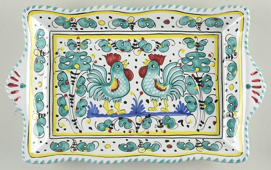 Green Rooster (Orvieto) 13" Handled Serving Tray by Deruta (Italy)-1