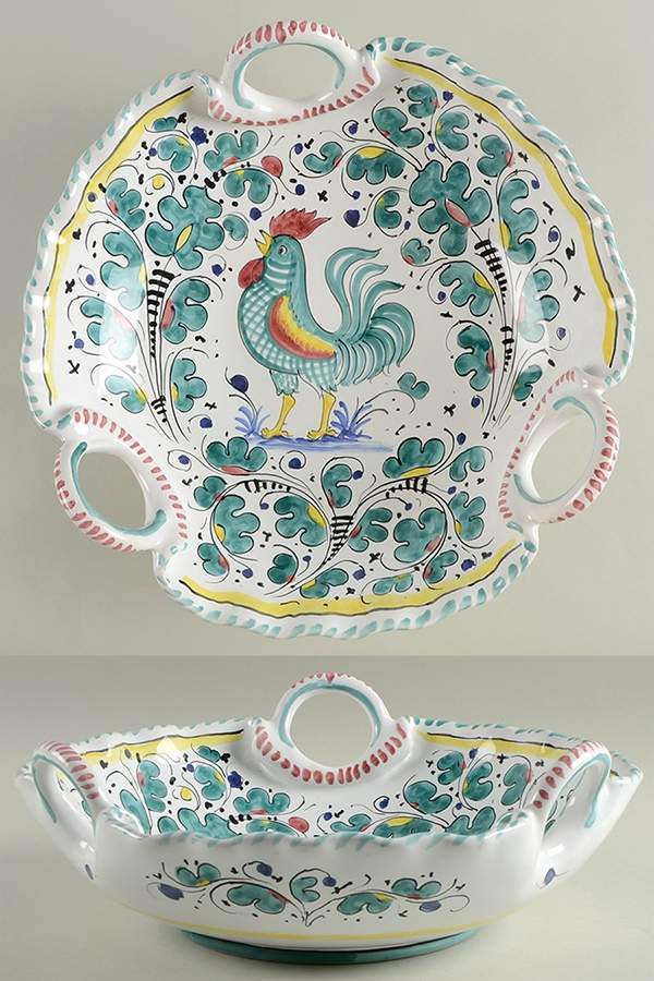 Green Rooster (Orvieto) 12" Round Handled Bowl by Deruta (Italy)-1