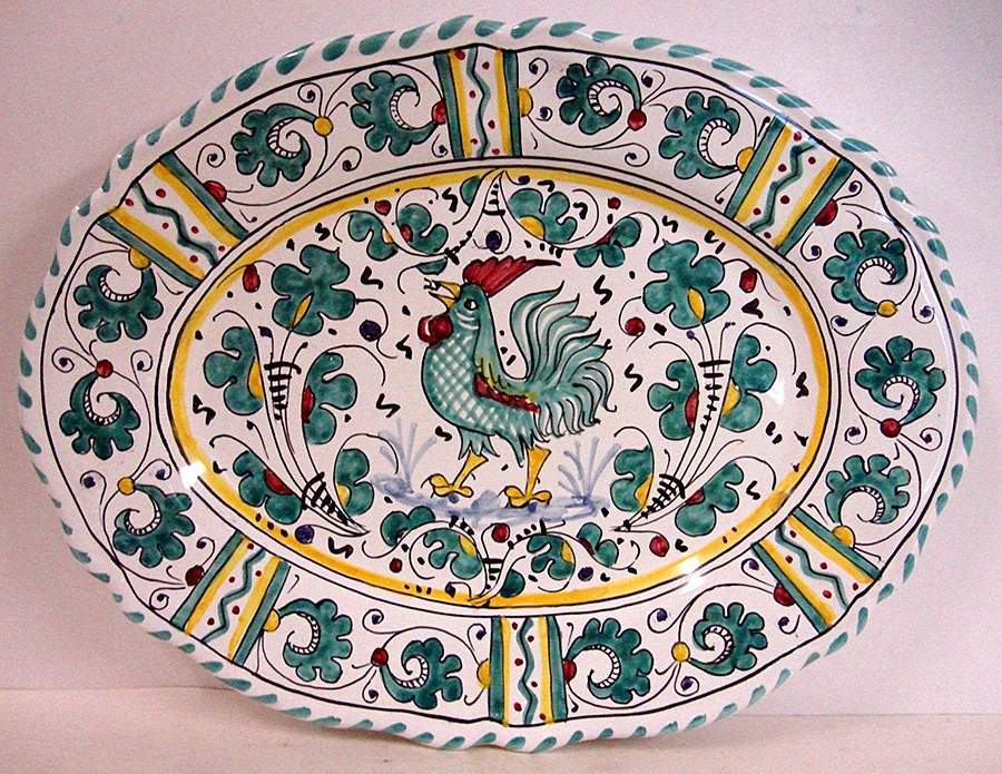 Green Rooster (Orvieto) 15" Oval Serving Platter by Deruta (Italy)-1