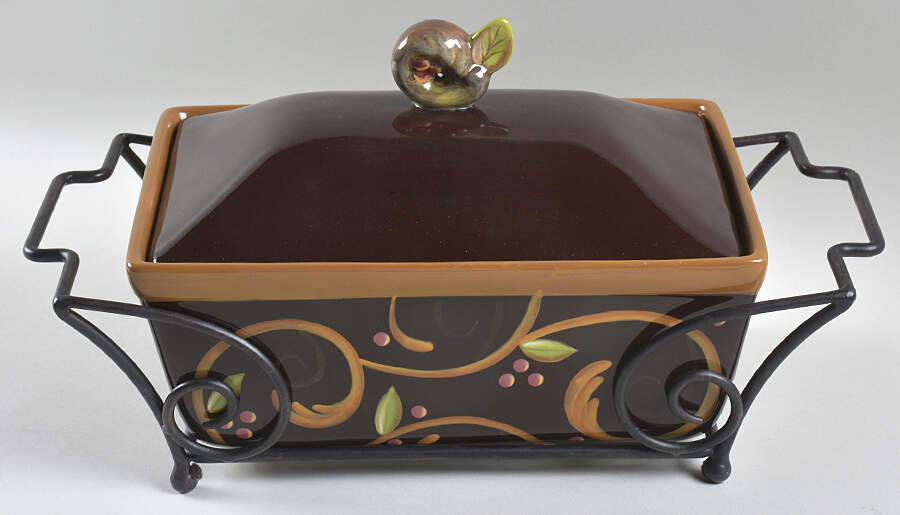 Chocolate Berries 3 Qt Rectangular Casserole with Lid & Metal Holder by Demdaco-1