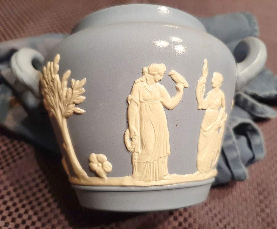 Jasper Ware Cream on Blue 4" Handled Vase by Dudson-1