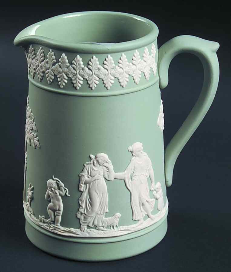 Jasper Ware Cream Color on Celadon Jug by Dudson-1
