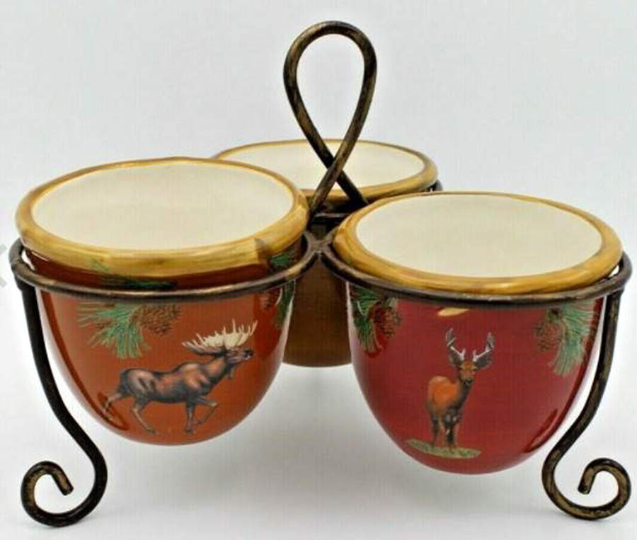 Northern Lodge Condiment Bowl - Set of 3 Motifs & Metal Stand by Dan Morris-1