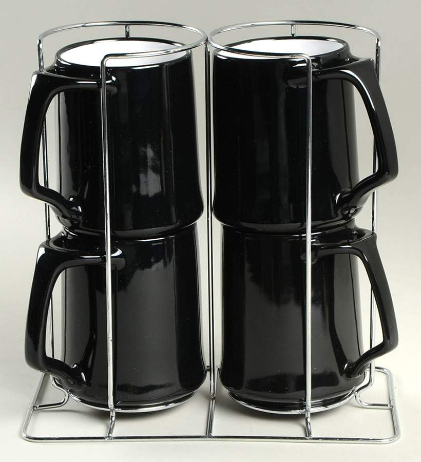 Kobenstyle (Black Outside and Bottom, White Inside Mug Set-4 Mugs & Metal Holder by Dansk-1