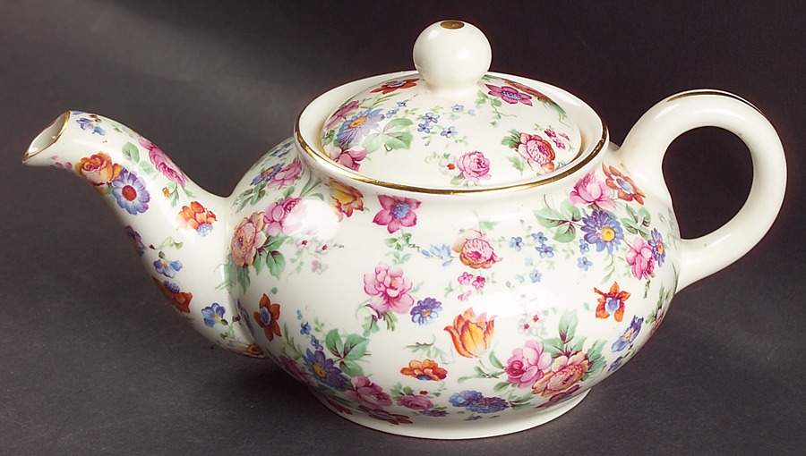 DORSET (CHEERY CHINTZ, GOLD TRIM) Individual Teapot & Lid by Erphila-1