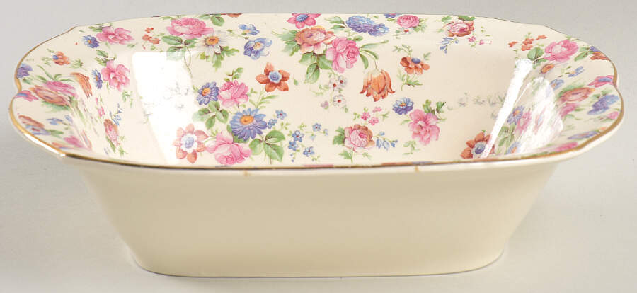 DORSET (CHEERY CHINTZ, GOLD TRIM) 8" Oval Vegetable Bowl by Erphila-1