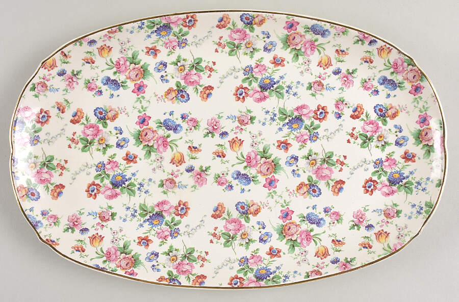 DORSET (CHEERY CHINTZ, GOLD TRIM) 13" Oval Serving Platter by Erphila-1