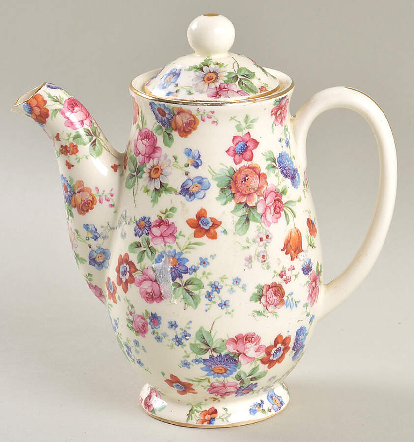 DORSET (CHEERY CHINTZ, GOLD TRIM) Individual Coffee Pot & Lid by Erphila-1