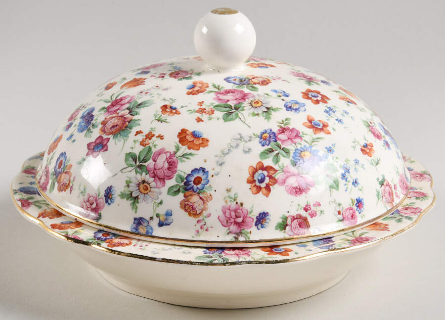 DORSET (CHEERY CHINTZ, GOLD TRIM) Muffin Dish & Lid by Erphila-1