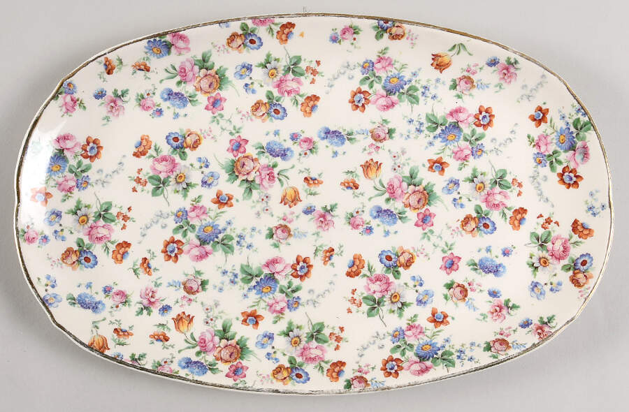 DORSET (CHEERY CHINTZ, GOLD TRIM) 12" Oval Serving Platter by Erphila-1