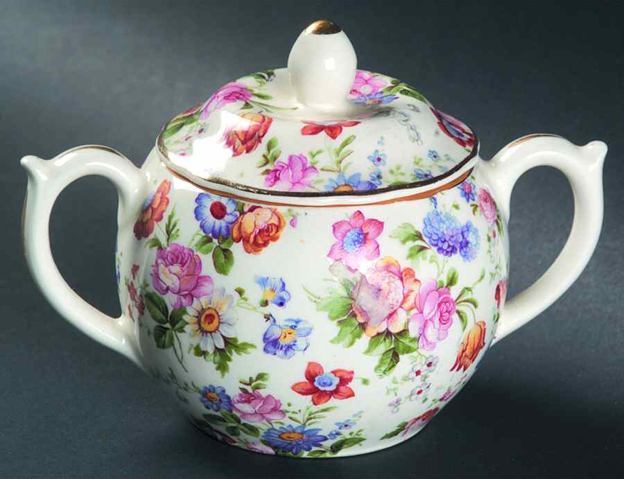 DORSET (CHEERY CHINTZ, GOLD TRIM) Mini Sugar Bowl & Lid by Erphila-1