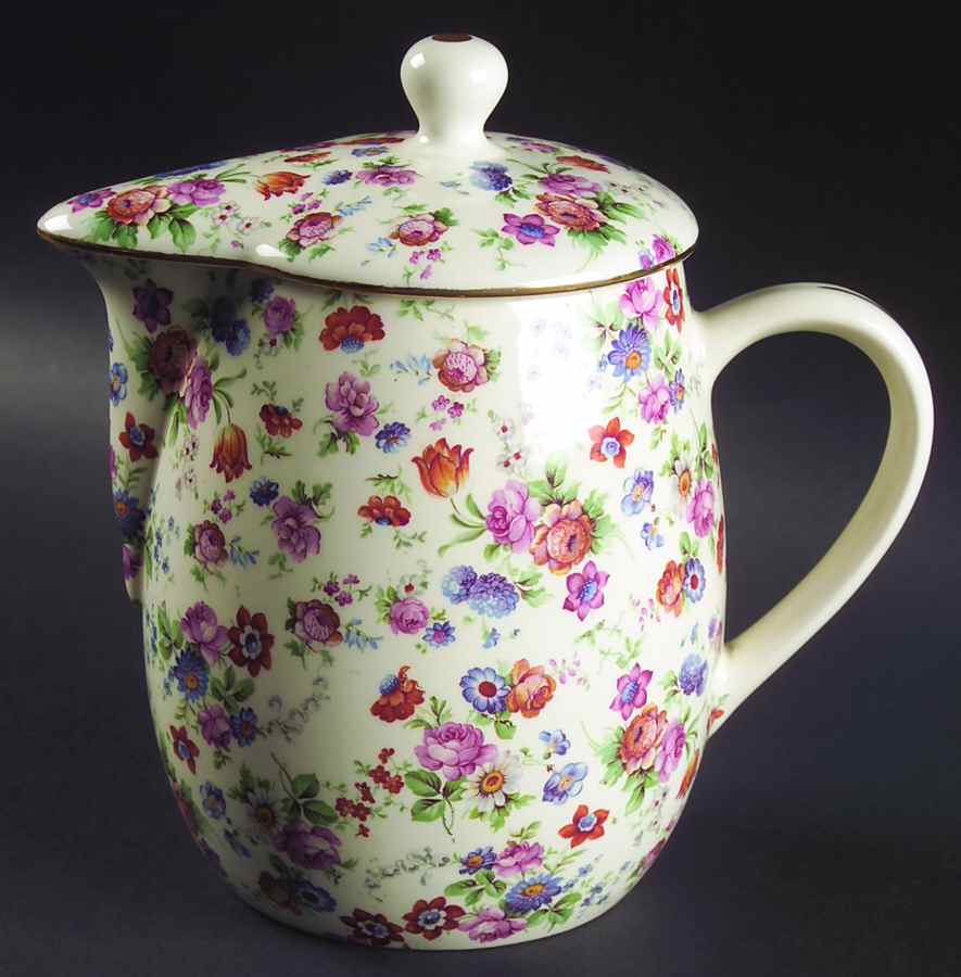 DORSET (CHEERY CHINTZ, GOLD TRIM) 36 Oz Pitcher with Lid by Erphila-1