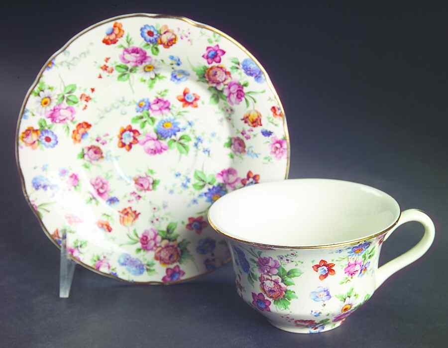 DORSET (CHEERY CHINTZ, GOLD TRIM) Flat Cup & Saucer Set by Erphila-1