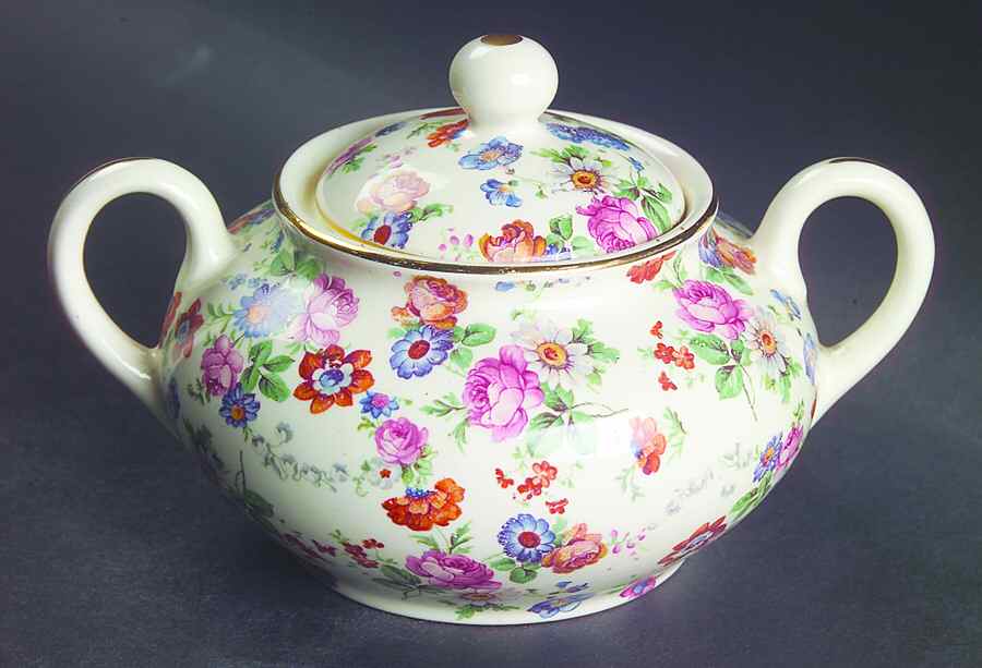 DORSET (CHEERY CHINTZ, GOLD TRIM) Sugar Bowl & Lid by Erphila-1
