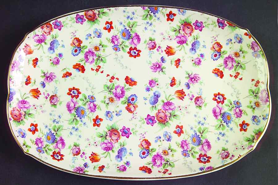 DORSET (CHEERY CHINTZ, GOLD TRIM) Large Sandwich Tray by Erphila-1