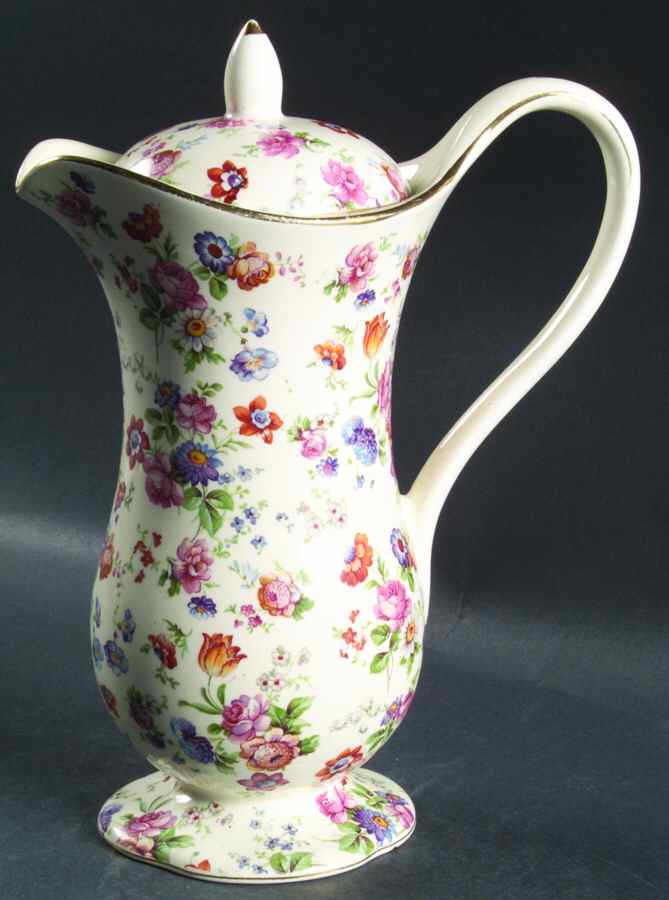 DORSET (CHEERY CHINTZ, GOLD TRIM) Hot Water Jug & Lid by Erphila-1