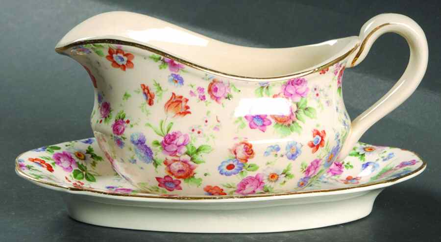 DORSET (CHEERY CHINTZ, GOLD TRIM) Gravy Boat & Underplate by Erphila-1
