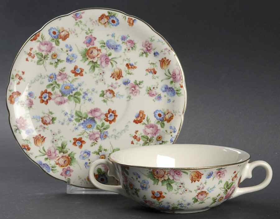 DORSET (CHEERY CHINTZ, GOLD TRIM) Flat Cream Soup Bowl & Saucer Set by Erphila-1
