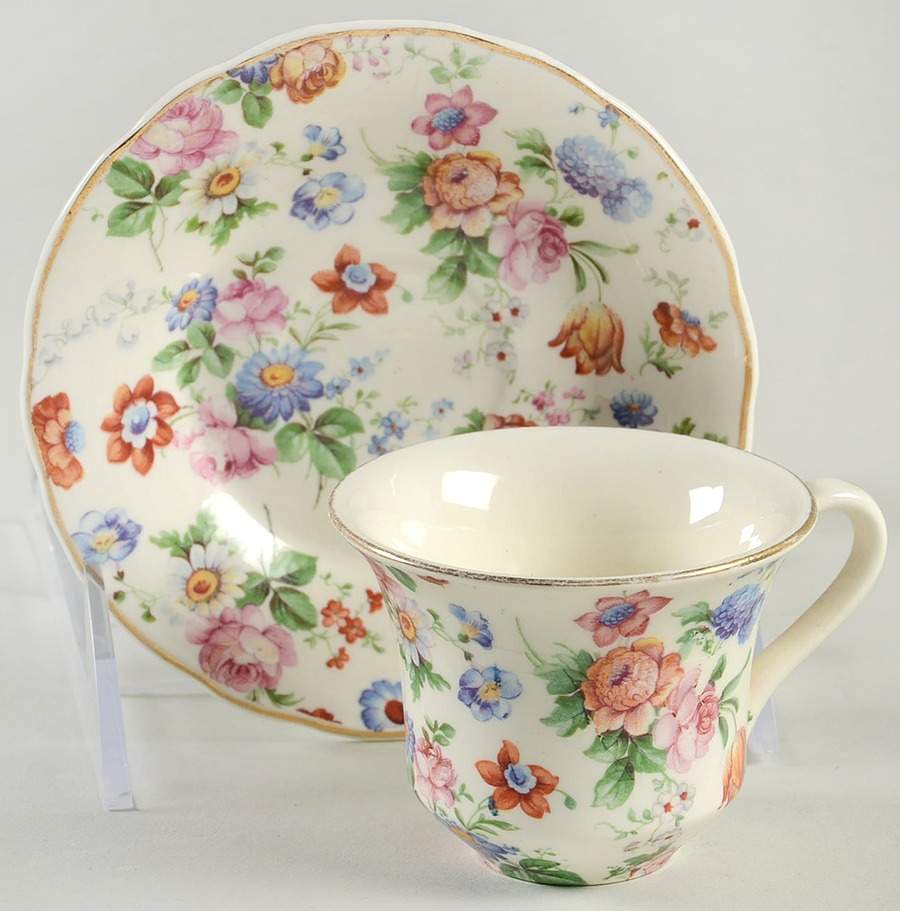 DORSET (CHEERY CHINTZ, GOLD TRIM) Flat Demitasse Cup & Saucer Set by Erphila-1