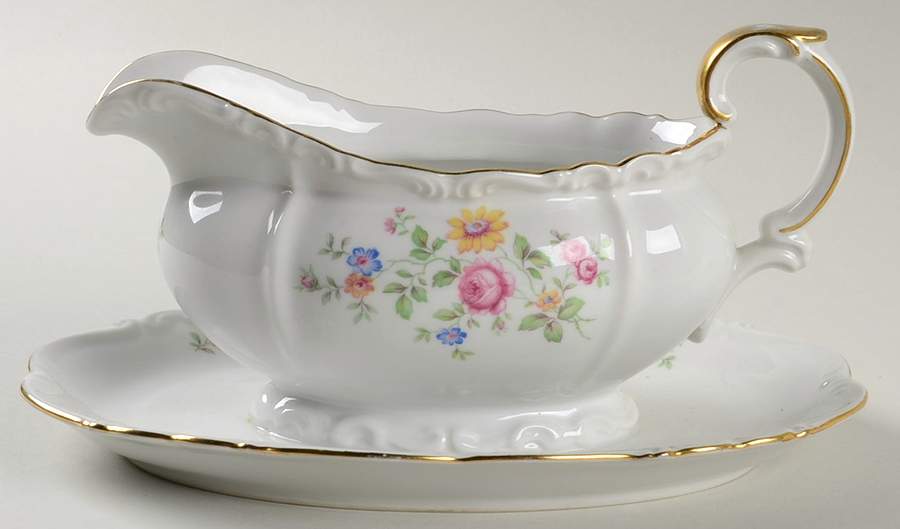 Queen's Rose (Cream Background) Gravy Boat with Attached Underplate by Edelstein-1