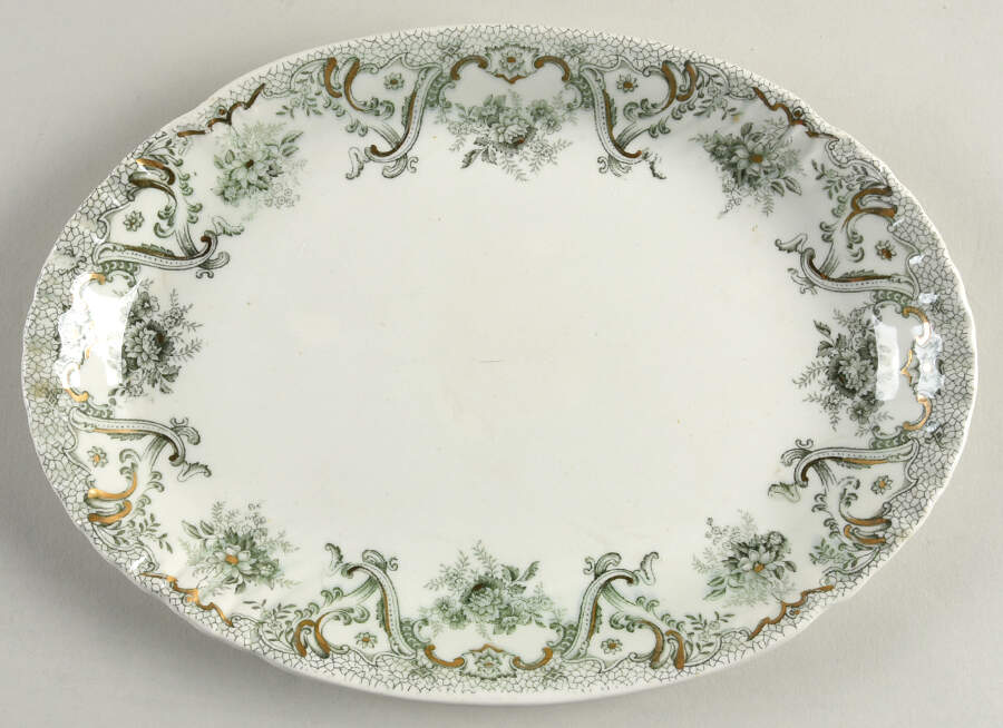 Keswick (Green, Gold Accent) 10" Oval Serving Platter by John Edwards-1