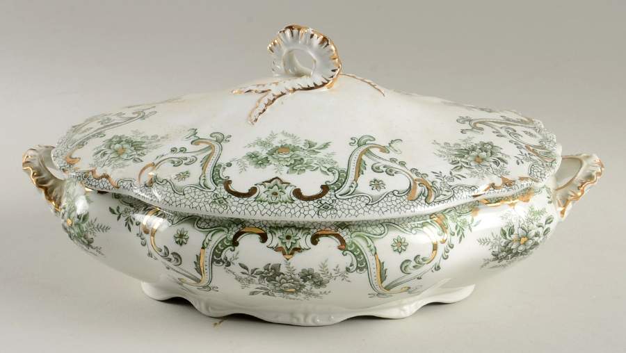 Keswick (Green, Gold Accent) Oval Covered Vegetable by John Edwards-1