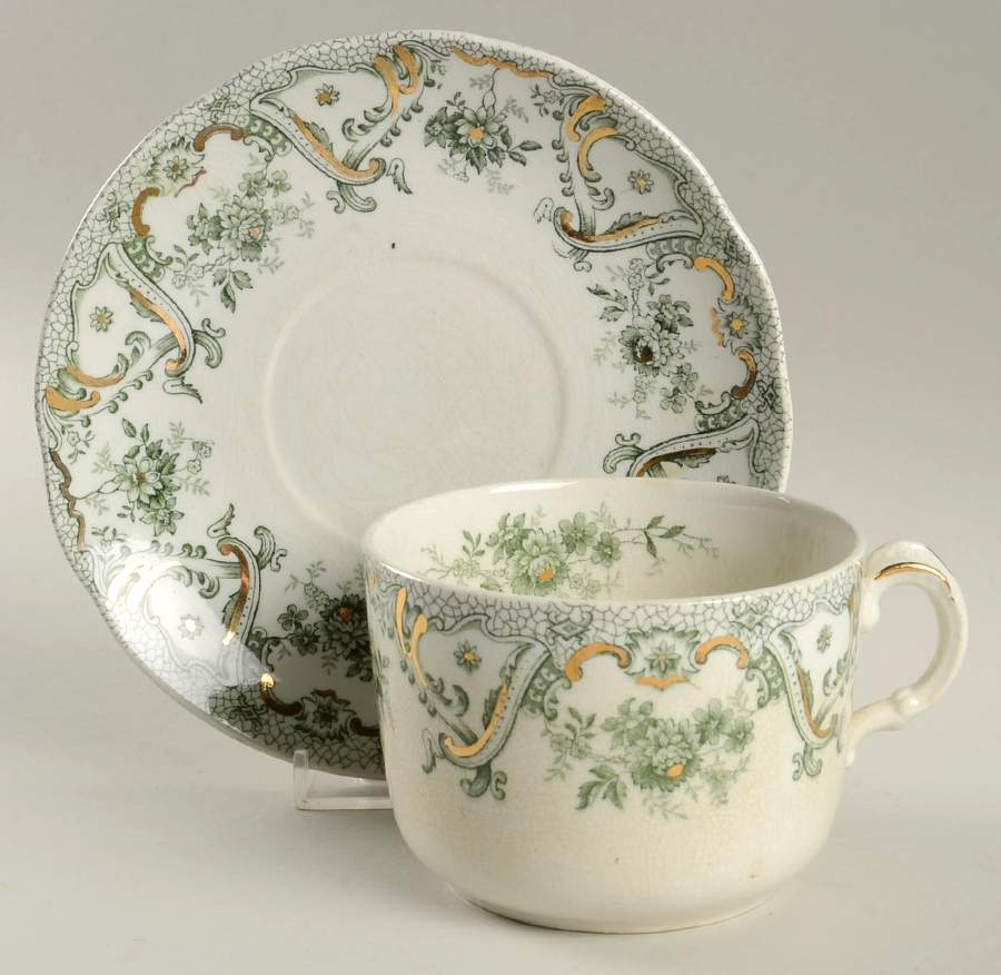 Keswick (Green, Gold Accent) Flat Cup & Saucer Set by John Edwards-1