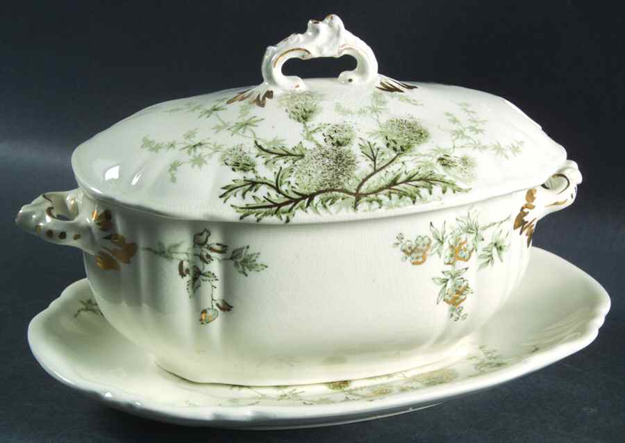 Thistle (Green Gray) Gravy Boat & Lid w/Underplate by John Edwards-1