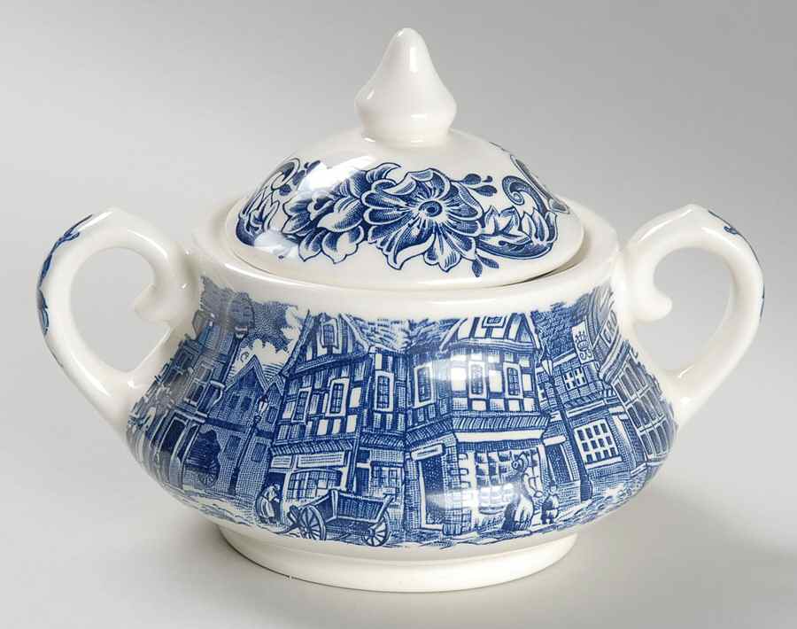Dickens Series Blue Sugar Bowl & Lid by English Ironstone Tableware-1