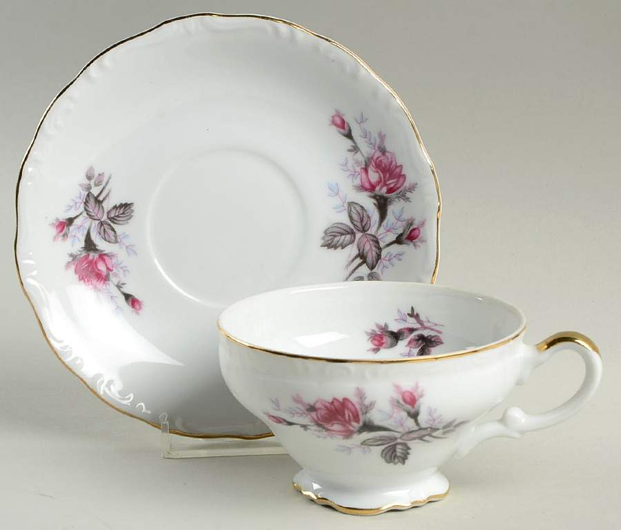 Gray Moss Rose (Scalloped) Footed Cup & Saucer Set by Empress (Japan)-1