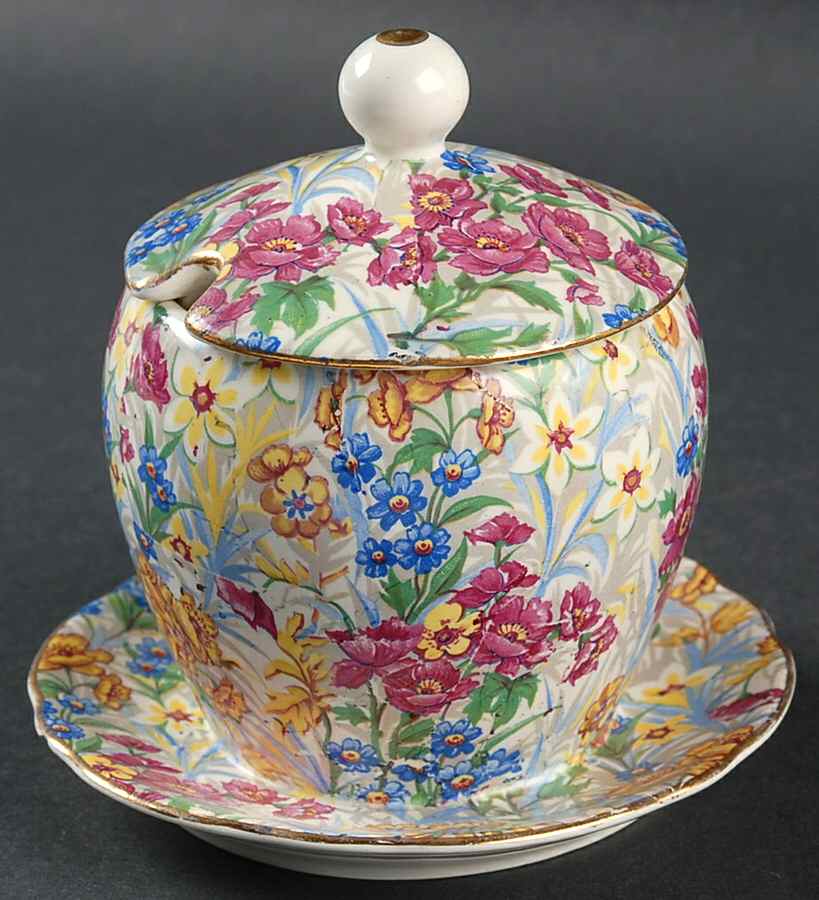 Sussex Cheery Chintz Jam/Jelly & Lid w/Attached Underplate by Erphila-1