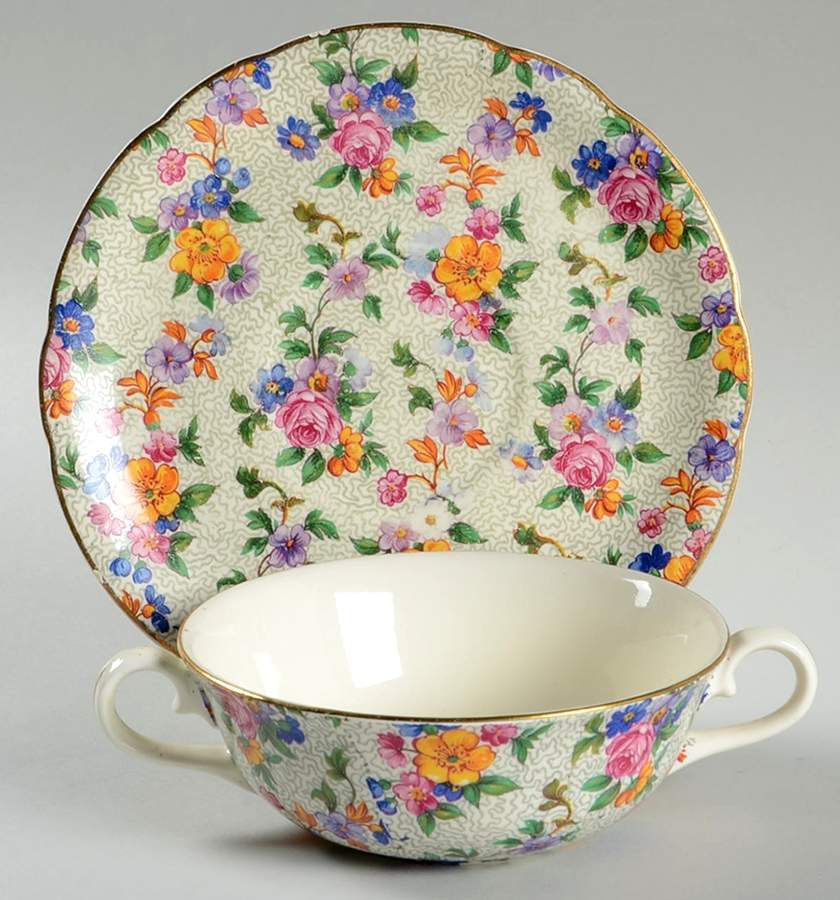Warwick (Gray Lines, Gold Trim) Flat Cream Soup Bowl & Saucer Set by Erphila-1