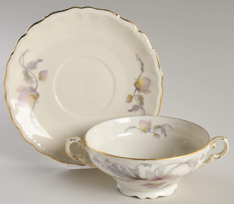 Pastelle (White Bkgrd, Scalloped) Footed Cream Soup Bowl & Saucer Set by Epiag-1