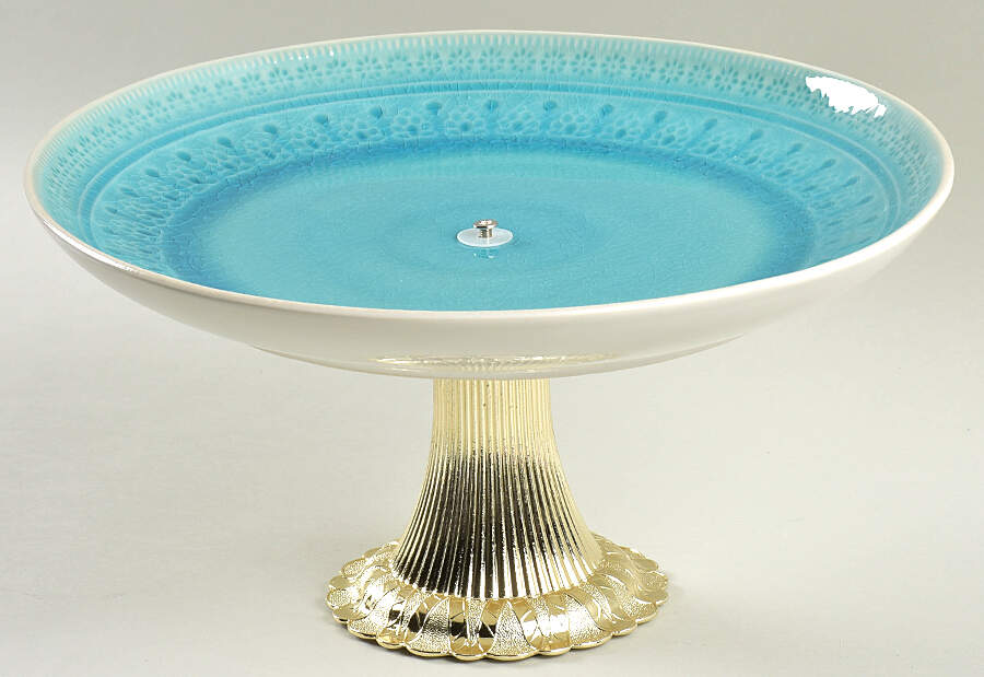 Fez Turquoise Cake Stand with 4"-5" Metal Pedestal  Hc by Euro Ceramica-1