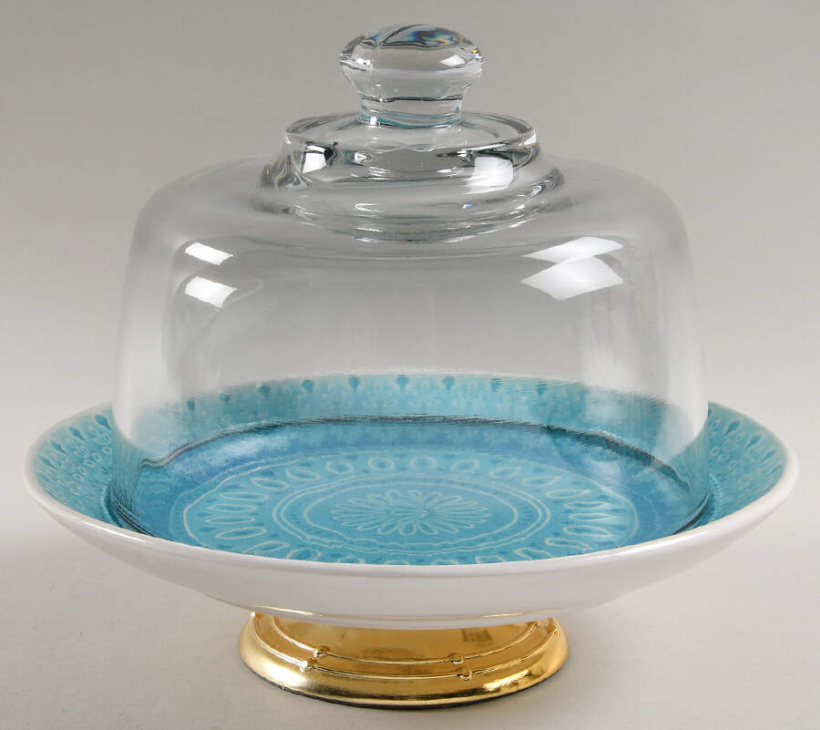 Fez Turquoise 6 1/2"-7 1/2" Footed Cheese Plate w/ Glass Dome HC by Euro Ceramica-1