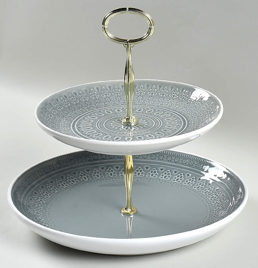 Fez Dove Grey 6 5/8"-10"  2 Tiered Serving Tray (Dp, Sp) HC by Euro Ceramica-1